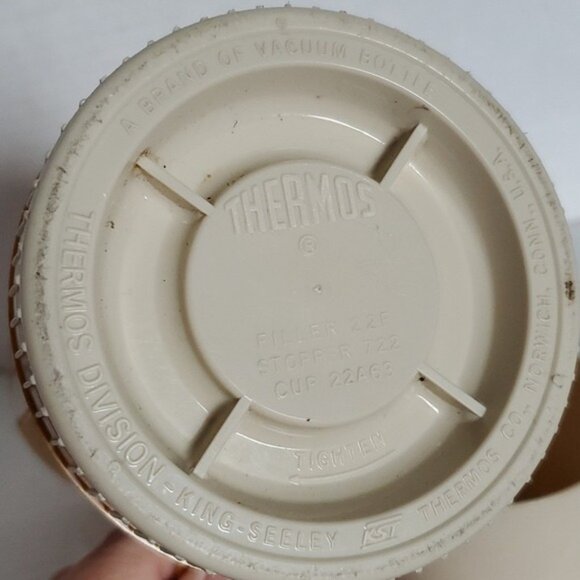 Vintage Thermos Brand Glass INSIDE Travel Coffee Container Harvest Gold Cup Lid - Picture 13 of 16